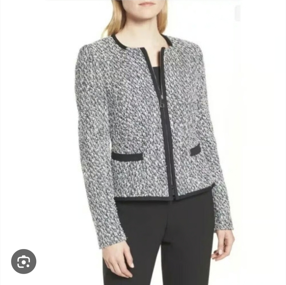 BOSS | Kalaila wool-blend tweed zip-up jacket Blazer black white blue Sz 4